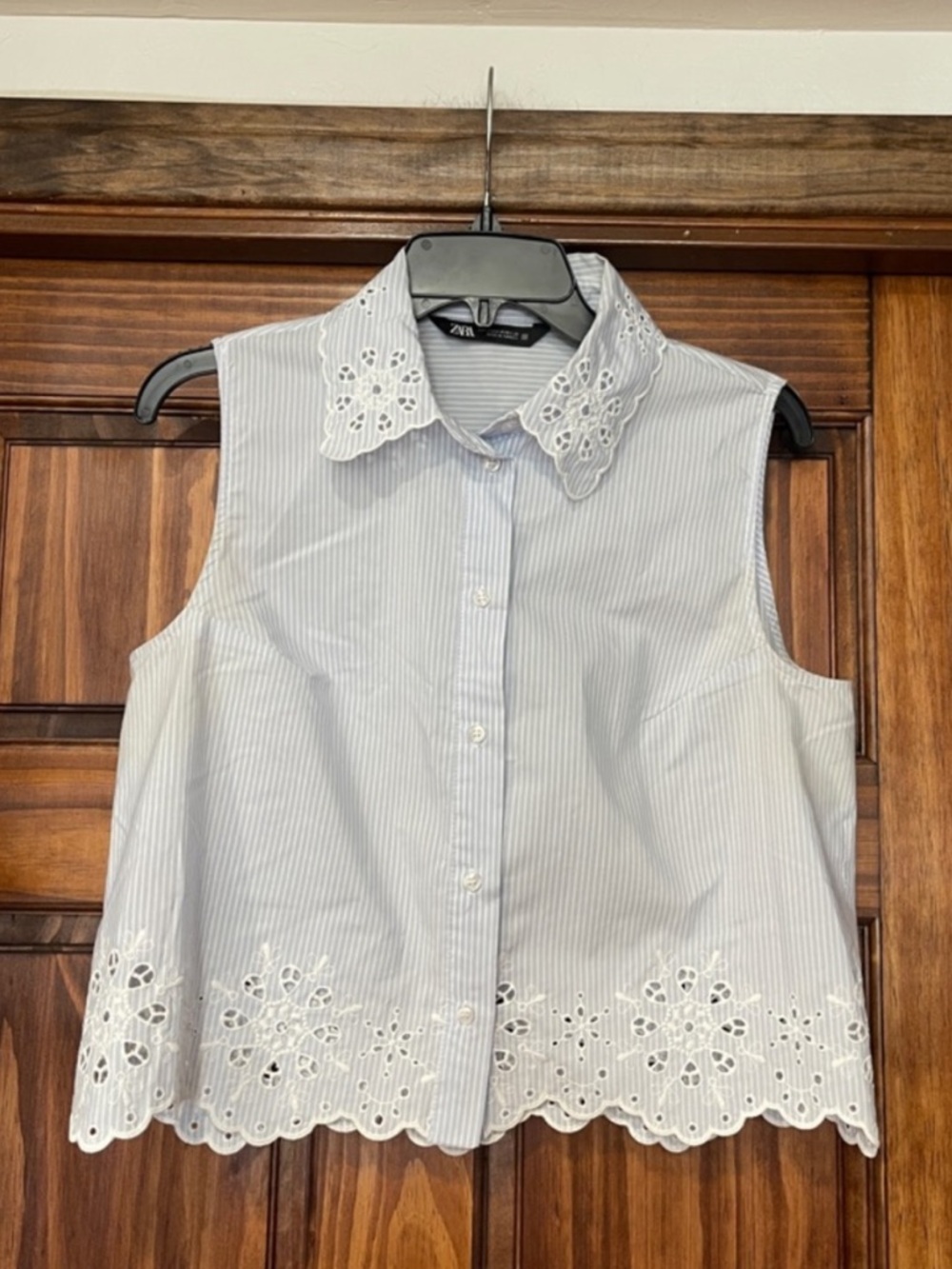 Zara Blue & White Striped Eyelet Collar Sleeveless Top